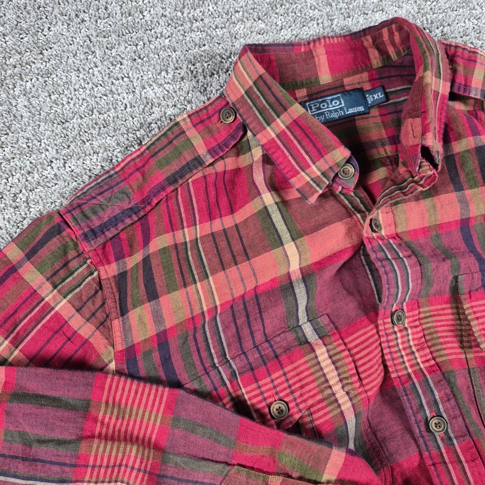 Vintage Polo Ralph Lauren Shirt Mens XL Red Madras Linen Cotton Safari Epaulets